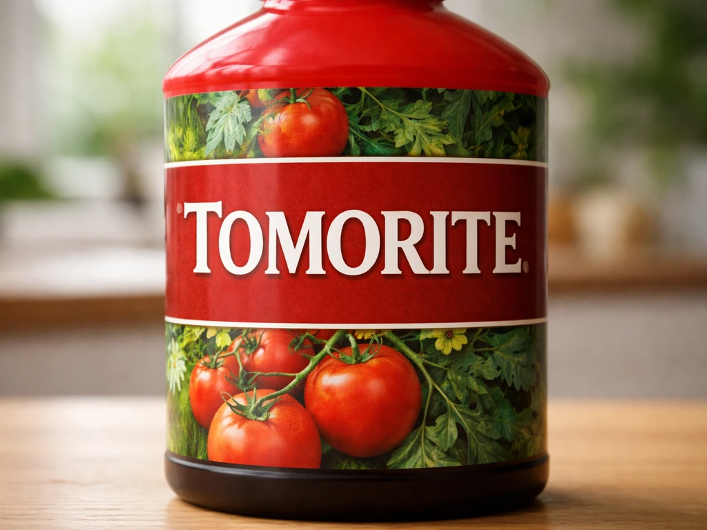 Close-up of a fertilizer bottle showing the Tomorite brand label in focus.