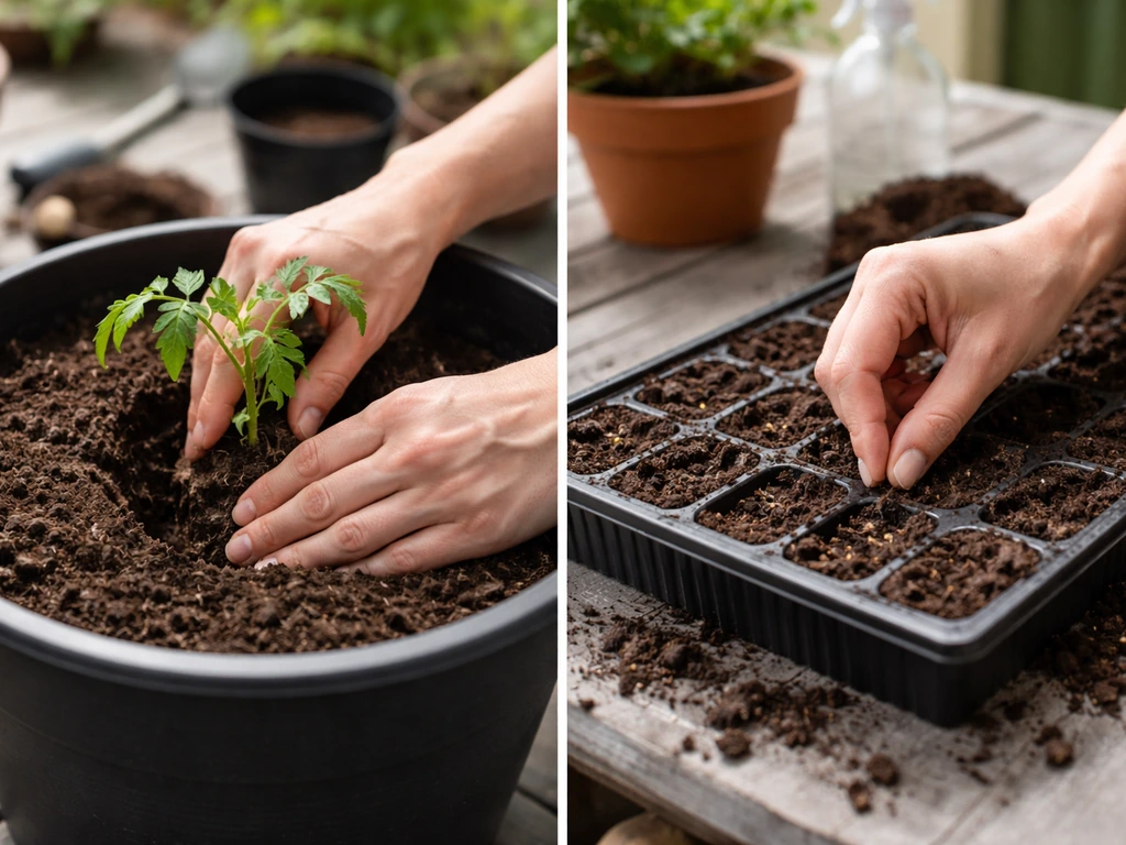Anonymous hands plant a young tomato transplant in a deep planter and seeds in a shallow tray side by side.