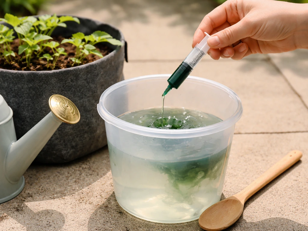 Hand holding a measuring syringe over a bucket, mixing Tomorite liquid concentrate for feeding plants in a fabric grow b