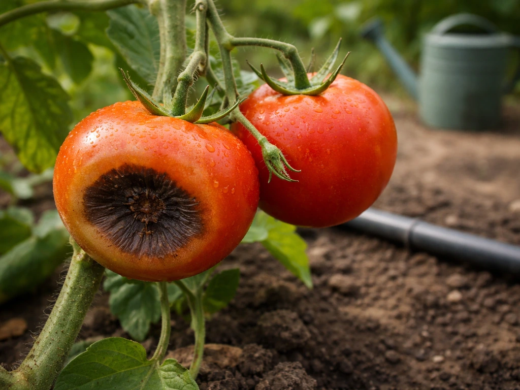 Close-up of tomatoes showing blossom-end rot on one fruit and a healthy blossom end on another.