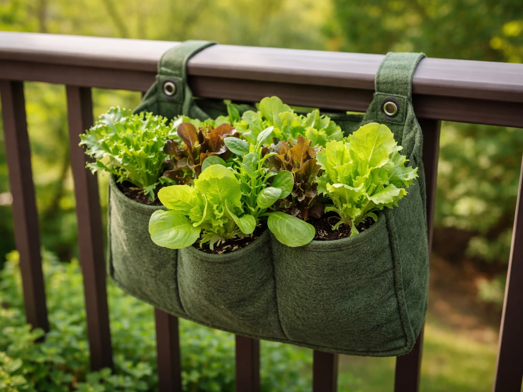 Compact lettuce and salad greens growing in a hanging fabric grow bag on a patio rail.