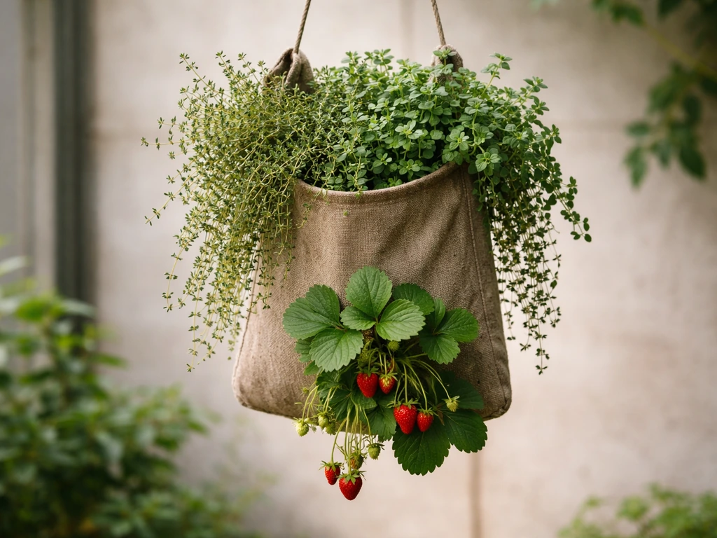 Hanging fabric grow bag with thyme and oregano spilling down and a strawberry plant in view