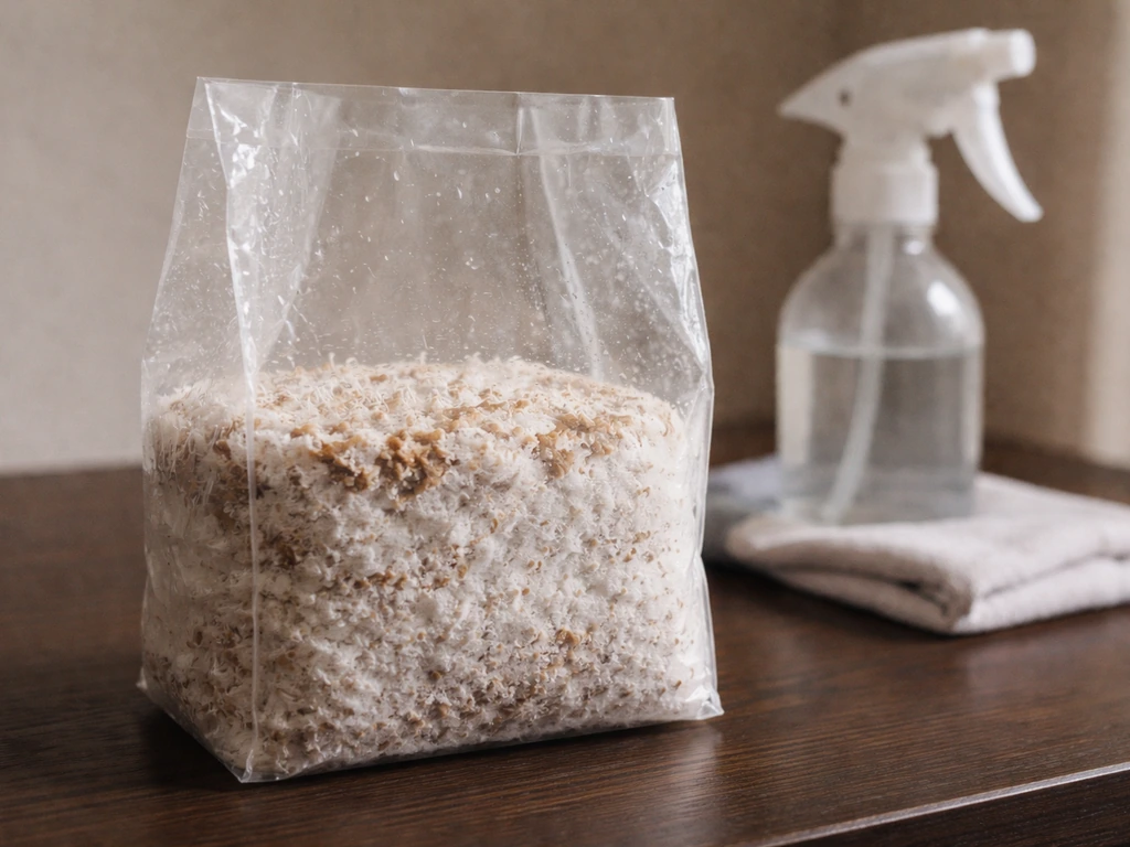 Close-up of a colonized substrate block in a perforated grow bag, suggesting mushroom cultivation limits.