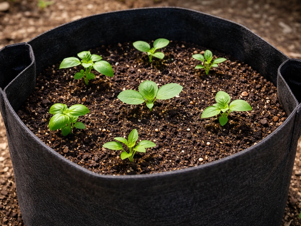Top-down view of an open-top grow bag with healthy soil and young vegetable seedlings.