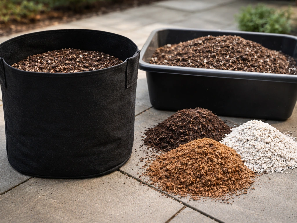 Crumbly aerated soil mix in a tub beside an open fabric grow bag, showing compost, coco, and perlite texture.