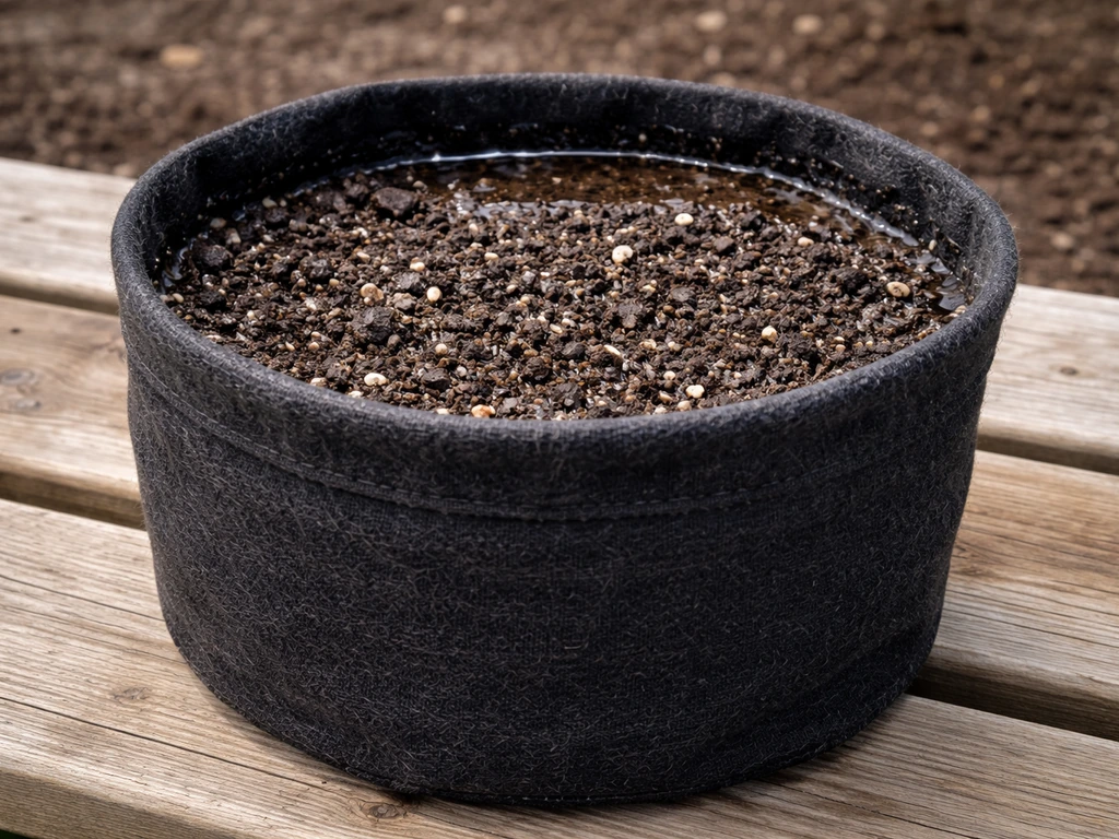 Grow bag filled 2–3 inches below rim, leaving a visible watering reservoir gap at the top.