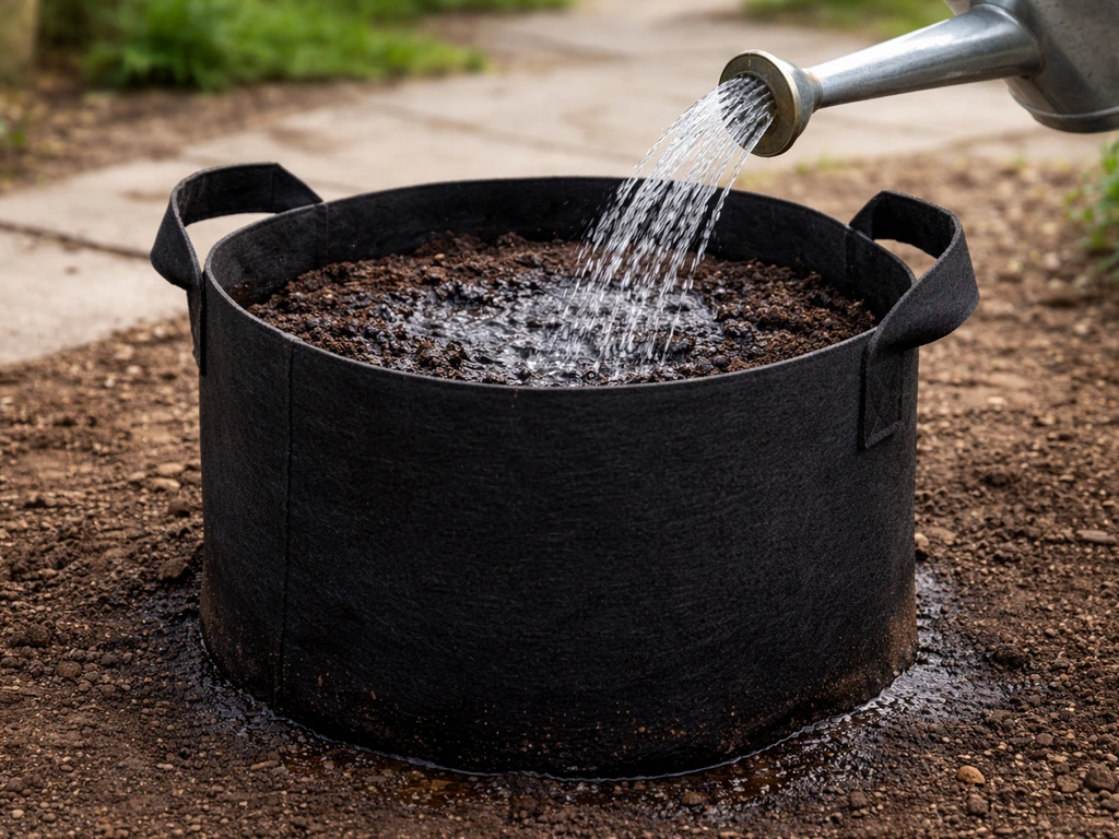 Watering a fabric grow bag with a watering can until dampness appears at the base and sides.