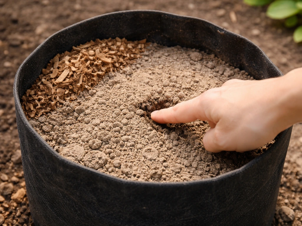 Hands checking dry soil on an open-top grow bag with mulch pulled back, outdoors in summer light.