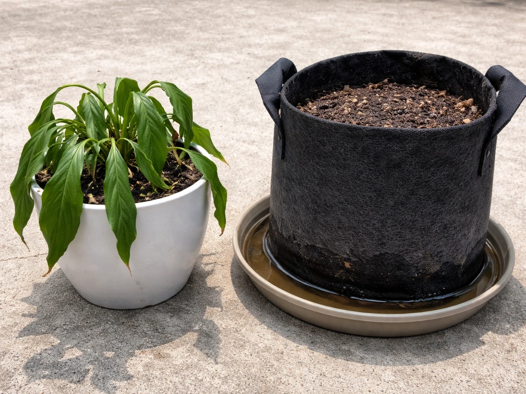 Drooping plant beside a fabric grow bag with pooled water in a saucer, showing overwatering and waterlogging signs.
