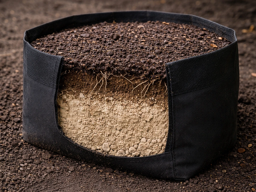 Close-up of a grow bag where the top soil is wet but the inner side is dry.