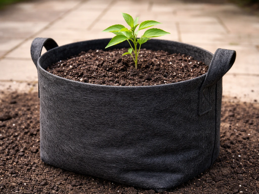 Close-up of a fabric air-pruning grow bag with potting mix and a young plant growing from the top opening.