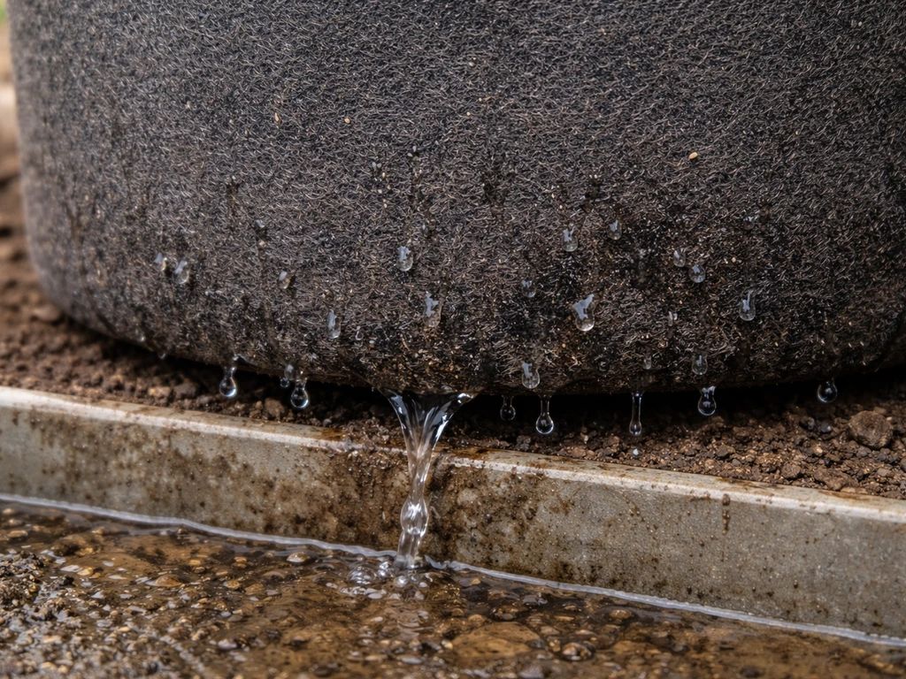 Close-up of porous fabric grow bag base as water drains through fabric wall, no pooling.