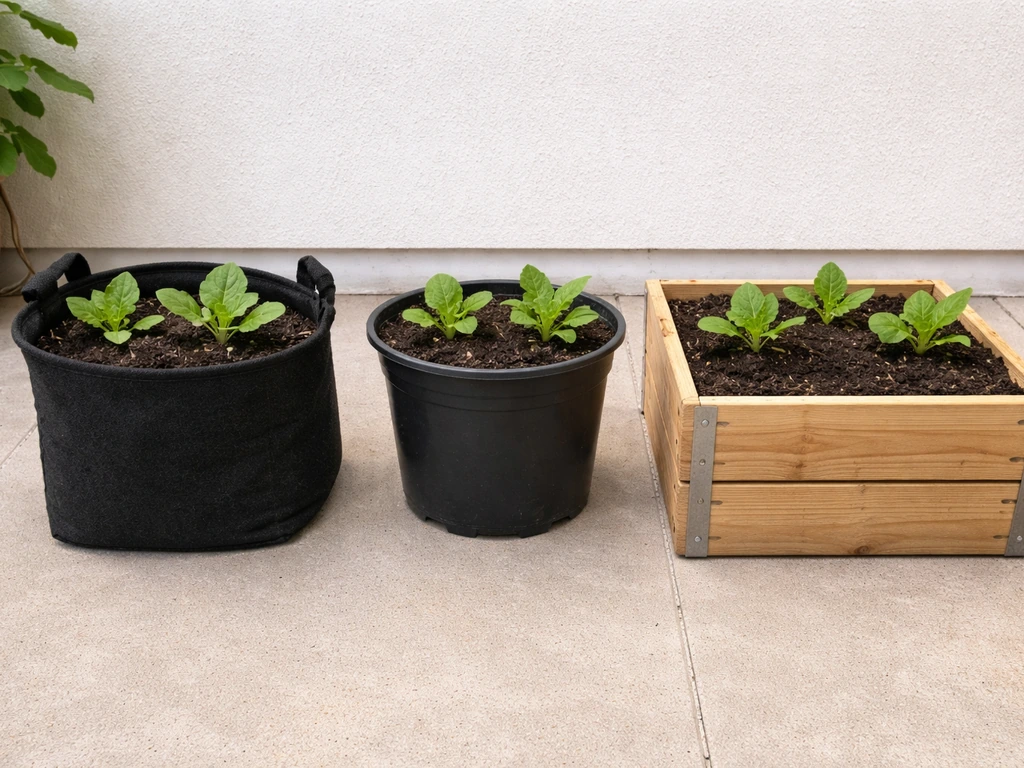 Three garden containers side by side: fabric grow bag, plastic pot, and raised bed with leafy greens.