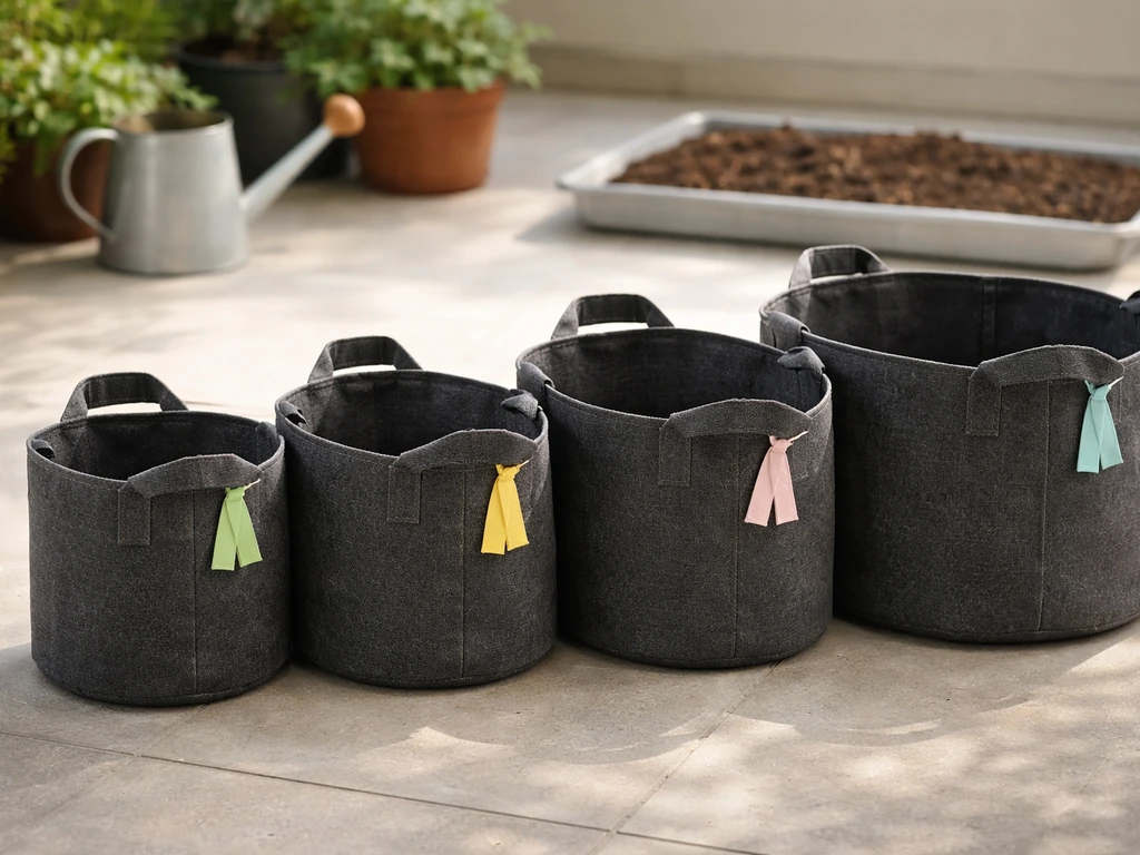 Different-size fabric grow bags with color tags, set on a patio to suggest plant-type sizing.
