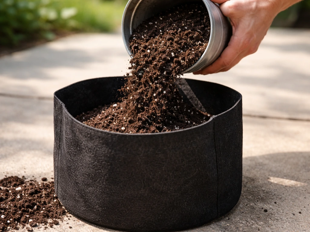 Hands pouring potting mix into an open fabric grow bag on a patio.
