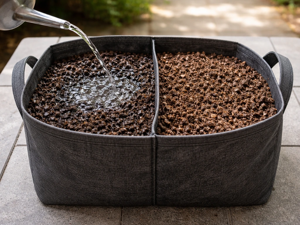 Close-up of fabric grow bag soil: pooled water on dense mix vs fast-draining loose mix side by side.