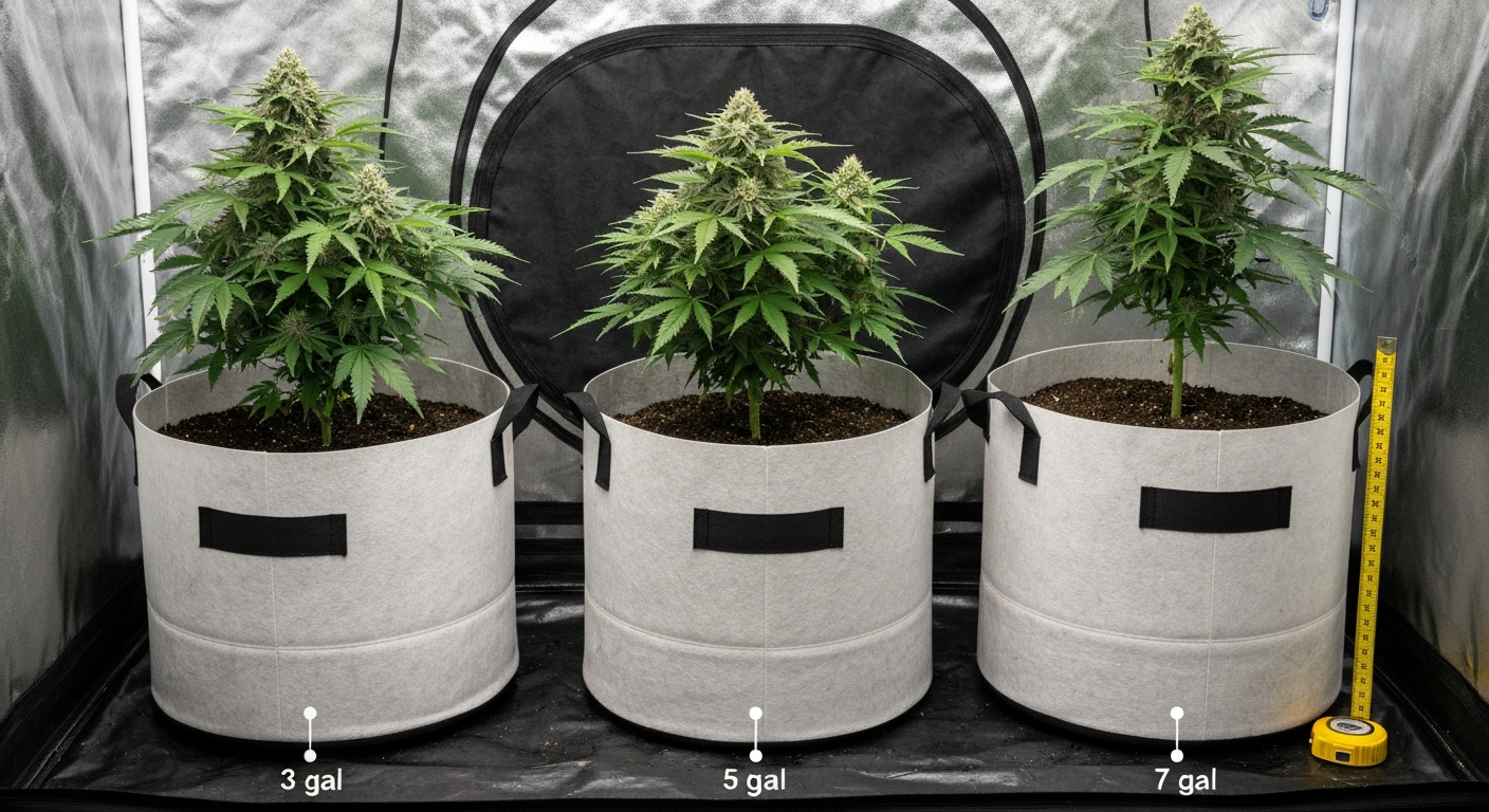 Three fabric grow bags (3, 5 and 7 gallon) inside a grow tent; two contain compact autoflower plants and one shows fill line and measuring tape, highlighting size and fabric texture.