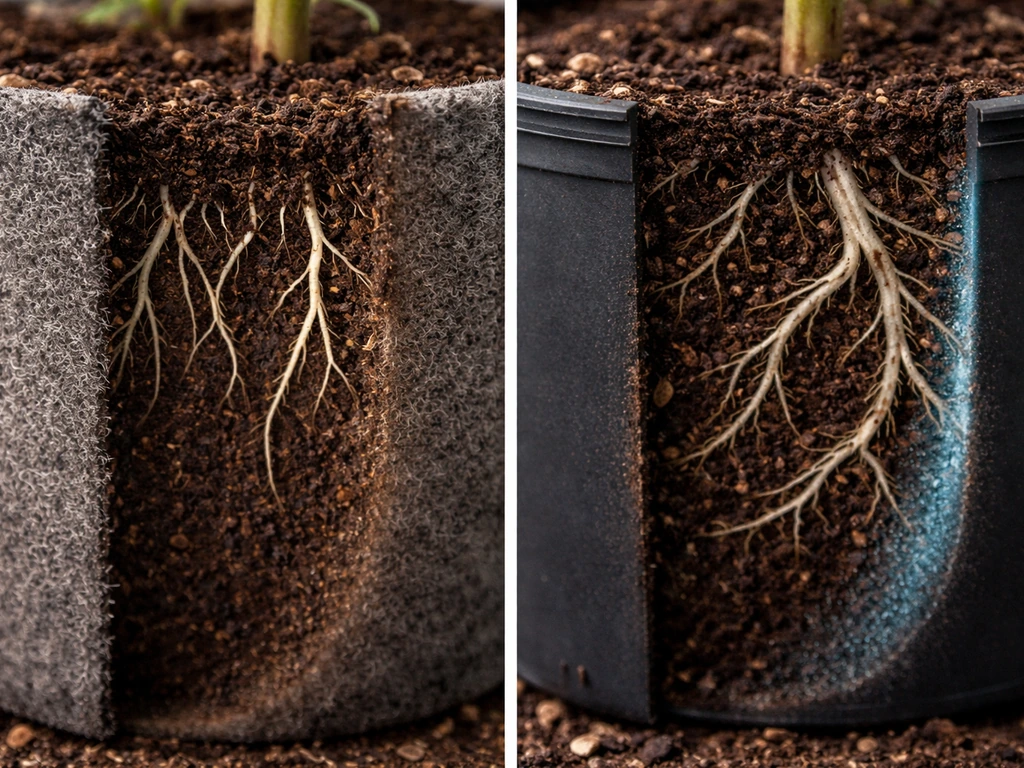 Cross-section comparison: fabric bag shows root air-pruning at the wall; plastic pot shows roots circling and damp wall.