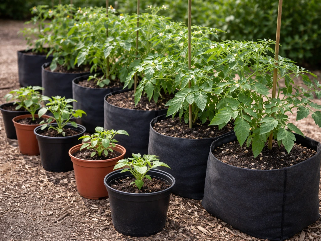 Tomato and pepper plants in fabric grow bags contrasted with similar seedlings in plastic pots.