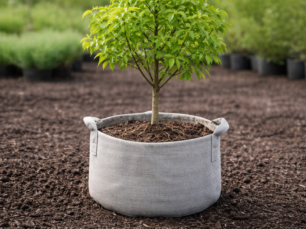 Young tree in breathable fabric grow bag, soil roots ready for transplant, outdoors.