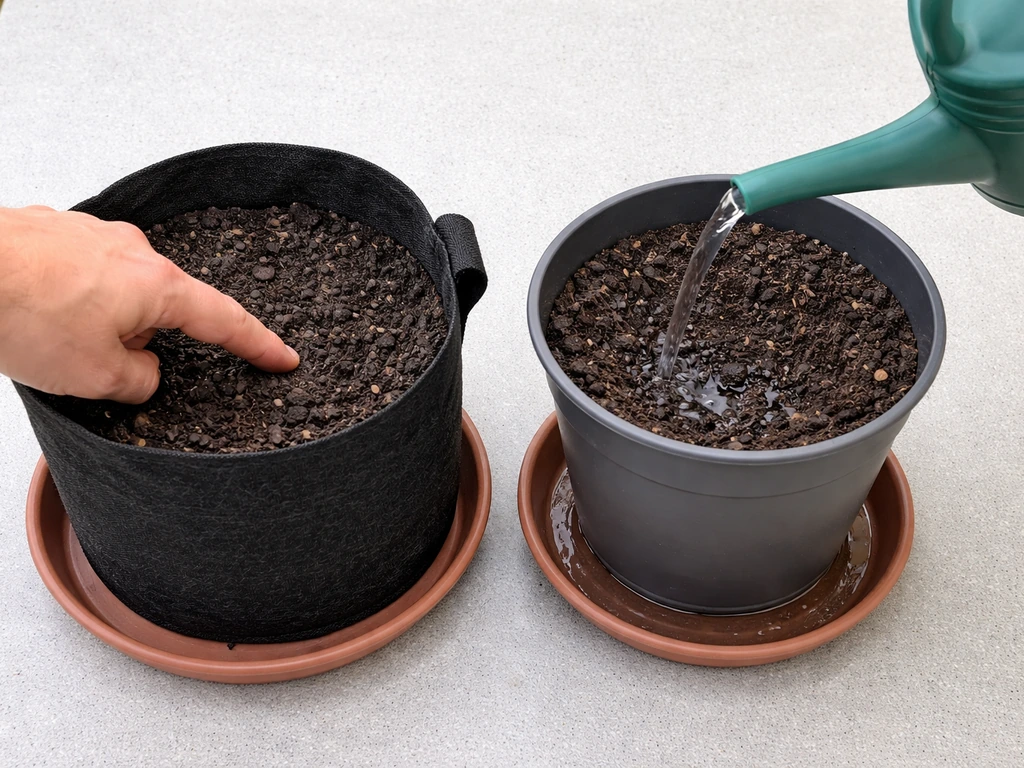 Finger checks 2-inch soil depth in a fabric bag while a watering can pours into a plastic pot showing drainage.