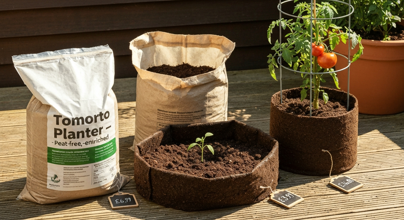 Three pre-filled tomato planter bags on a sunny patio; one bag opened to show compost and a planted seedling, price tags show differing retail prices.