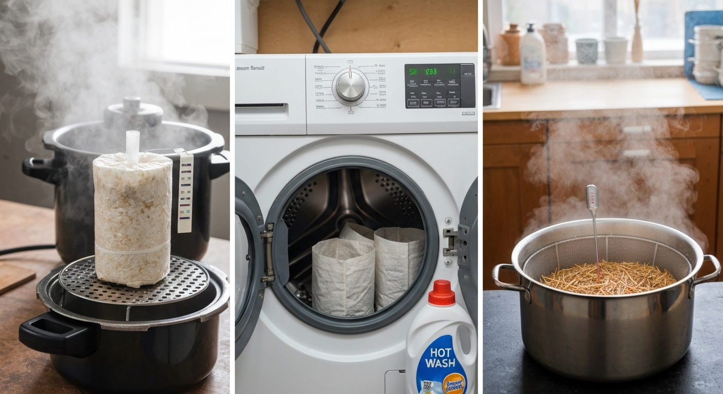 Composite photo showing three sterilization/pasteurization methods: a pressure cooker with a polypropylene spawn bag and indicator strip, a washing machine cleaning fabric grow bags, and a stockpot steam-pasteurizing straw with a thermometer.