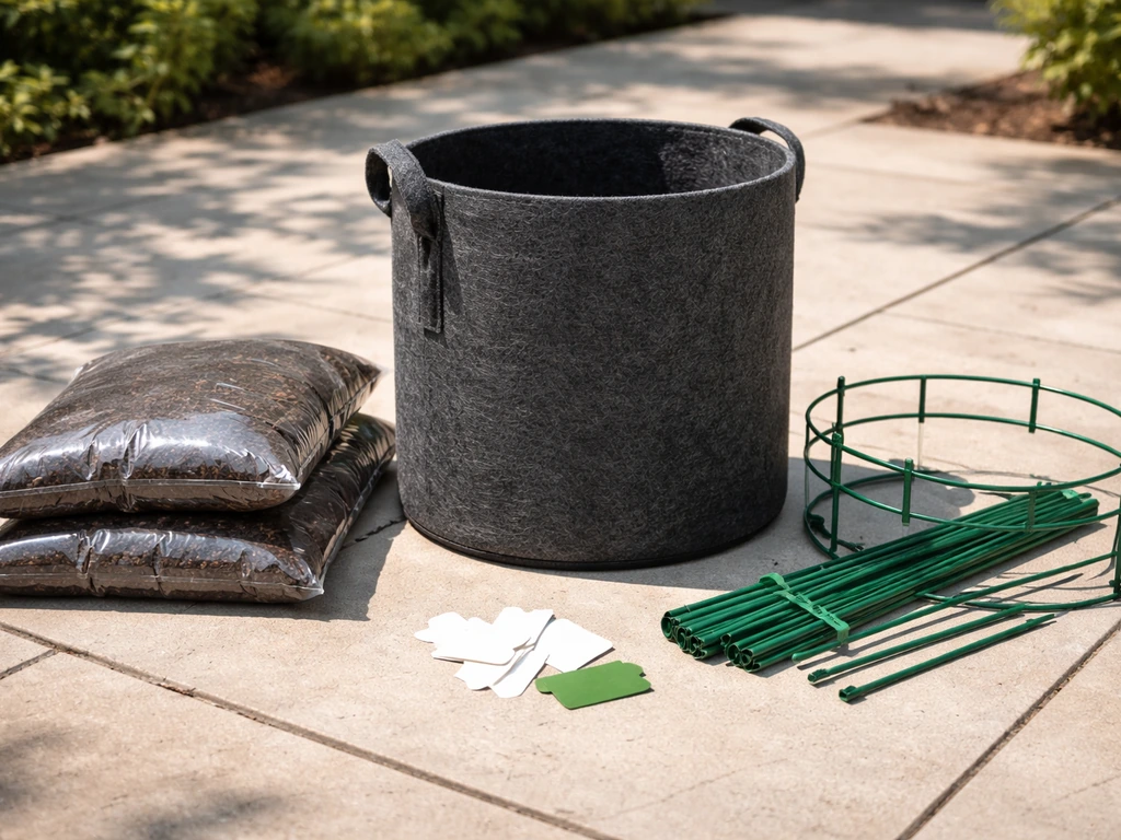 Components of a tomato grow bag kit laid out on a patio, showing the textured fabric grow bag and supports.
