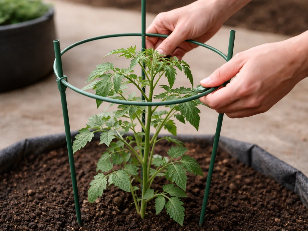 Hands assembling a tomato support cage while guiding young tomato stems through the rings