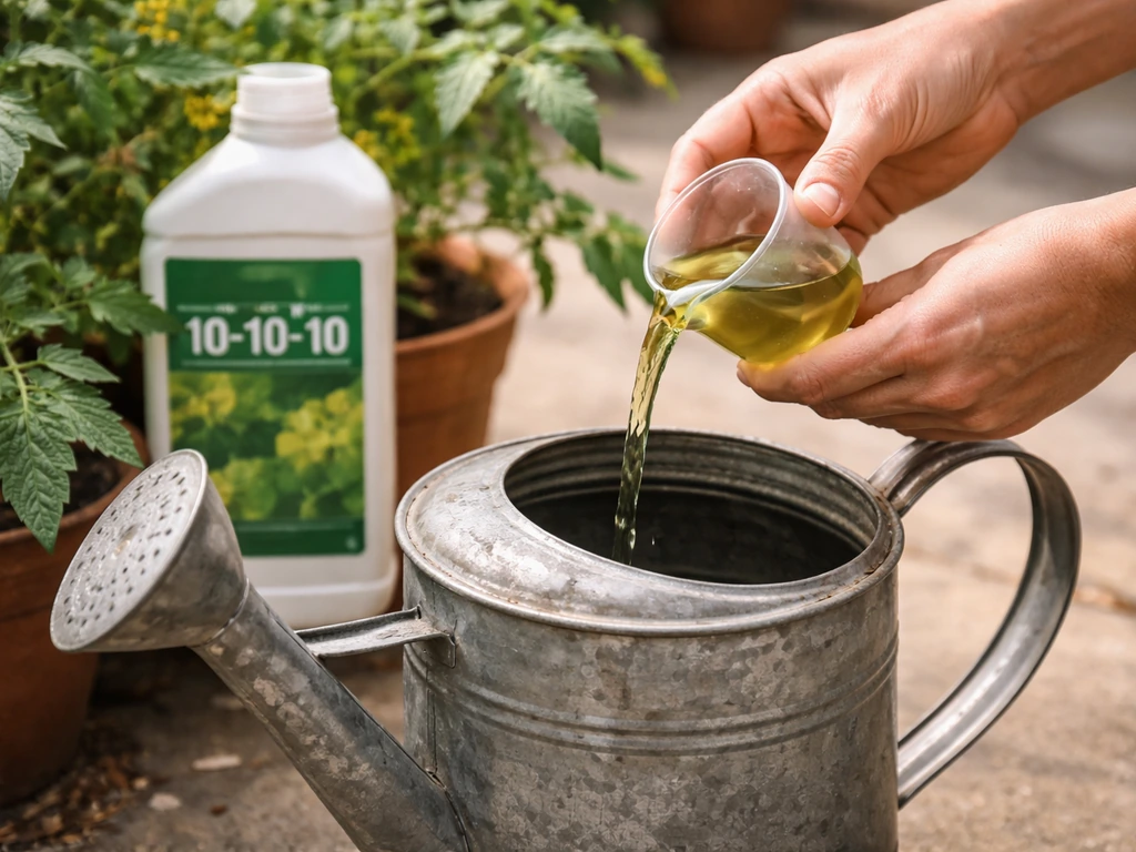 Hand measuring liquid fertilizer and pouring into a watering can beside container tomato plants