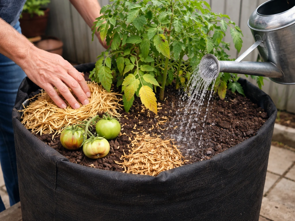 Tomato plant in a grow-bag showing blossom-end rot and yellowing leaves, with mulch added and watering underway.