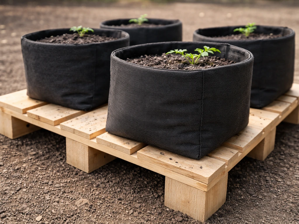 Fabric grow bags resting on a raised platform with clear airflow space underneath.