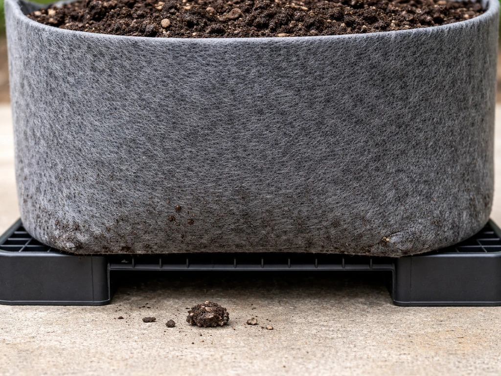 Fabric grow bag on supports with a clear air gap under the base for drainage and airflow.