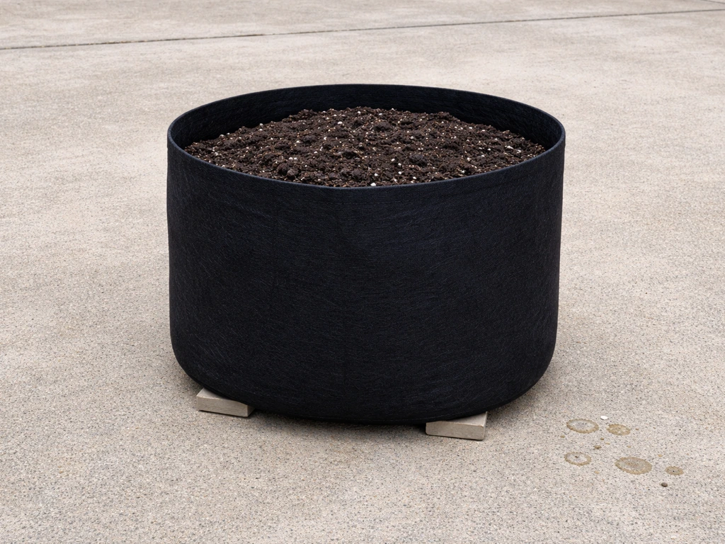 Grow bag resting on a dry concrete patio, elevated slightly with airflow gap to avoid wet soil contact.