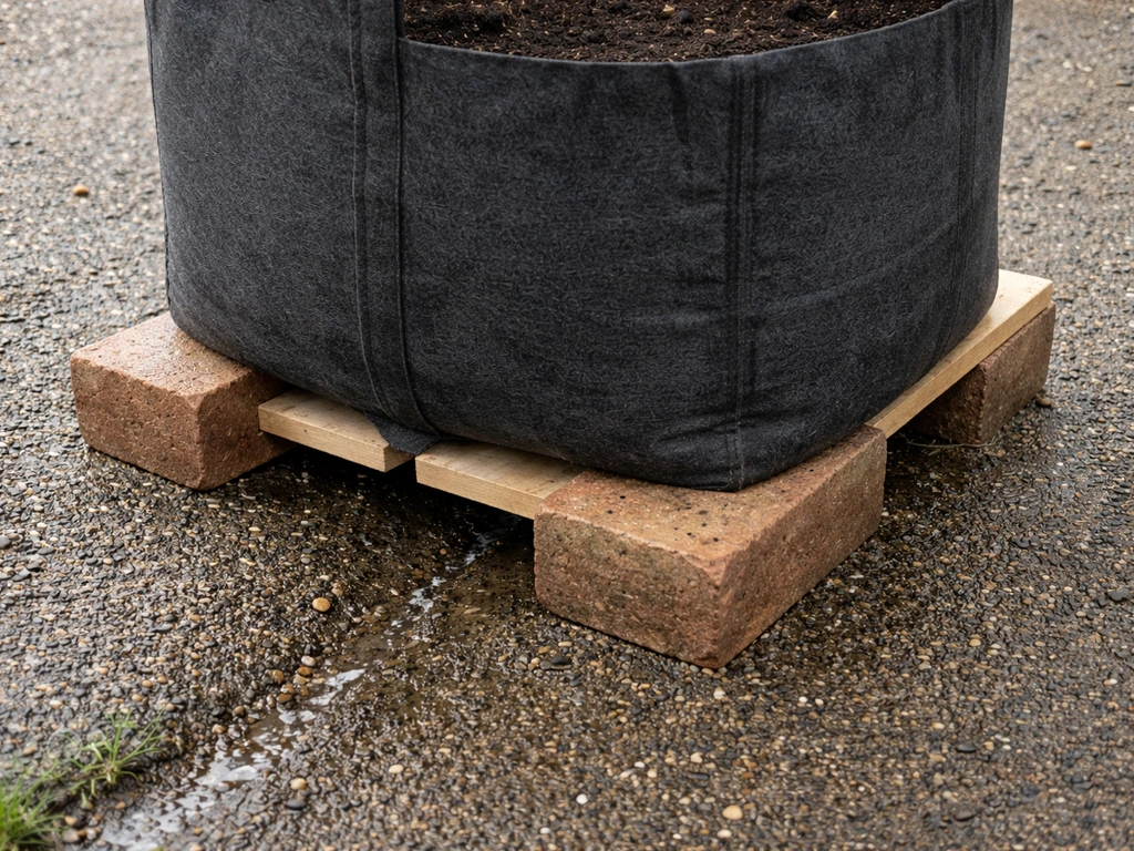 Potted plant bag raised on bricks or wooden slats, showing clearance and drainage space beneath.