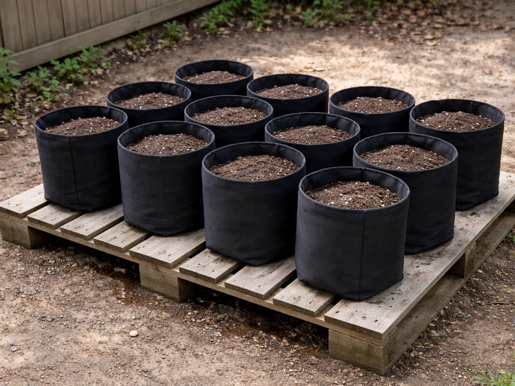 Grow bags on a wooden pallet outdoors, showing airflow and drainage through slats.