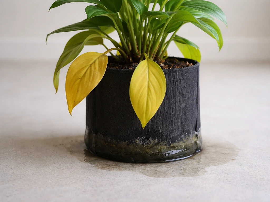 Single potted plant with yellowing lower leaves and a visibly wet bag base near the bottom.