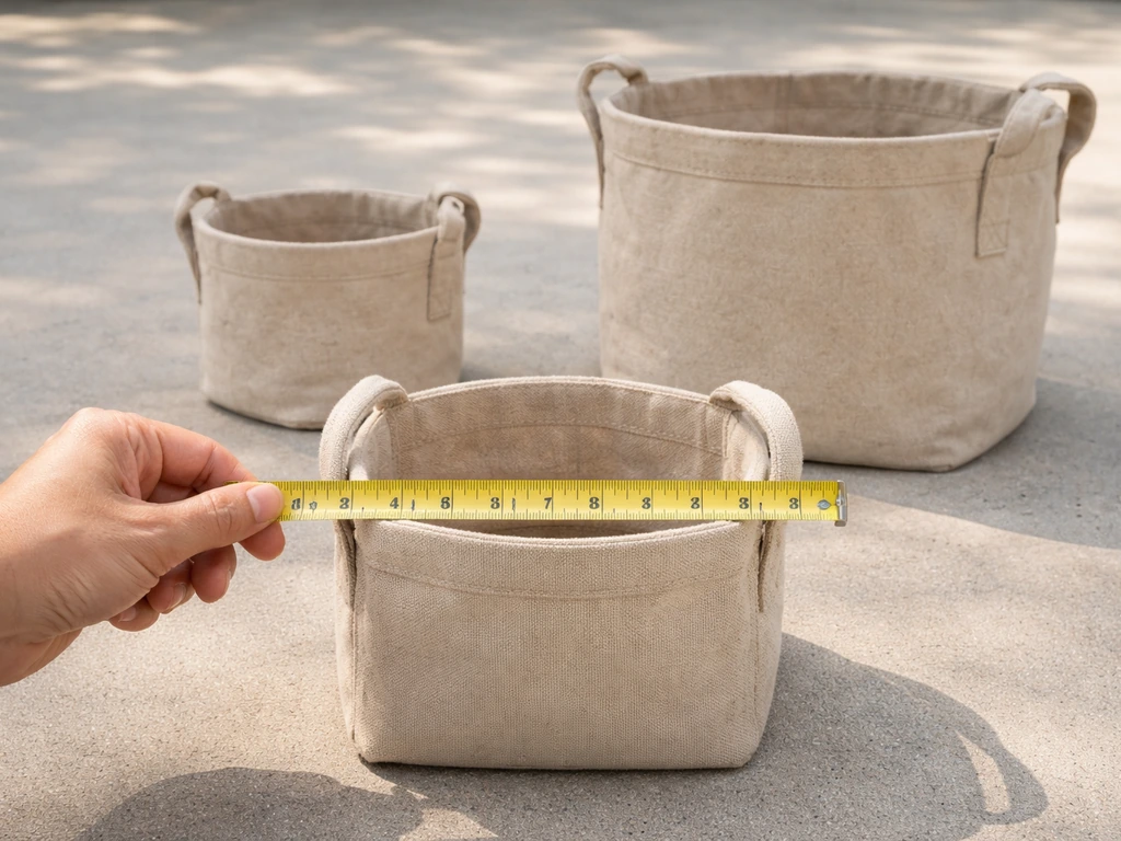Hand using a tape measure to compare grow bag footprints, showing 3-gallon versus larger size on fabric