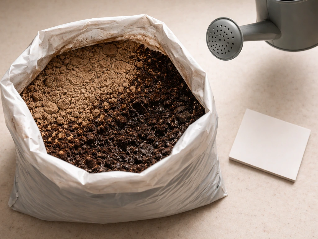 Top-down view of a plant growing medium in a bag with a dry top layer and slightly damp bottom.