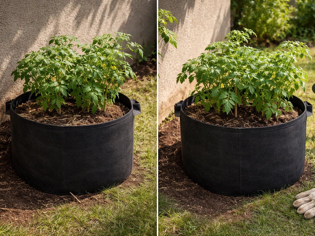 Two identical grow bags side-by-side, one sunnier near a wall, showing drier soil than the open-area bag.