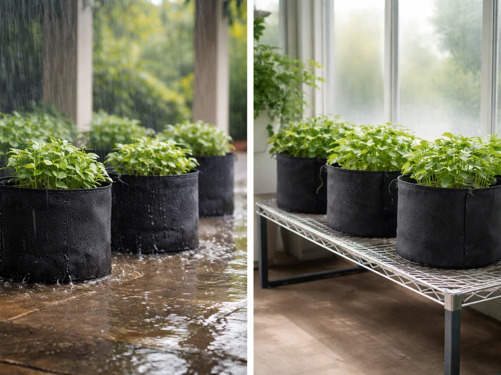 Two sets of rain-resistant grow bags: one under a patio in wet weather, one by an indoor greenhouse bench.