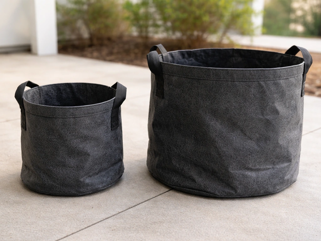 Close-up of fabric grow bags in two sizes, showing small versus larger volumes.