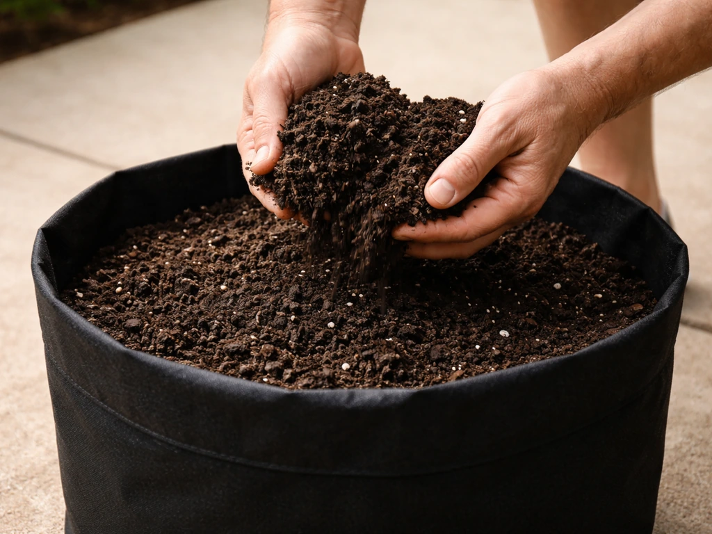 Hands filling a grow bag with potting mix, leaving space below the rim.