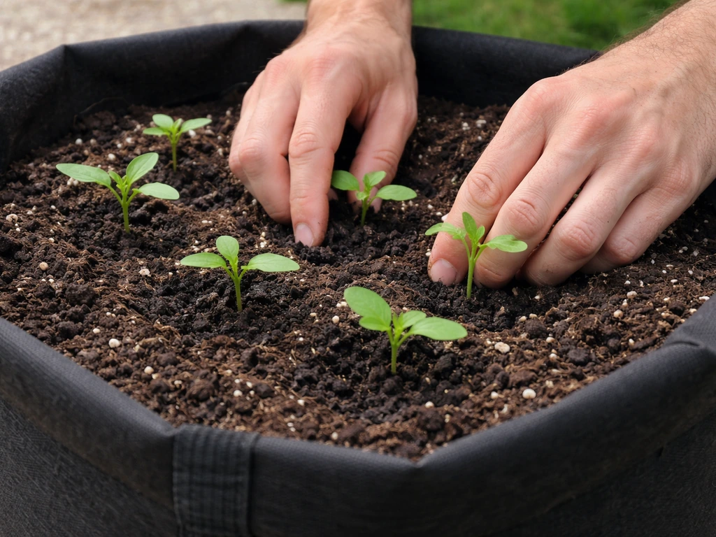 Hands placing small seedlings into a grow bag with soil at correct spacing