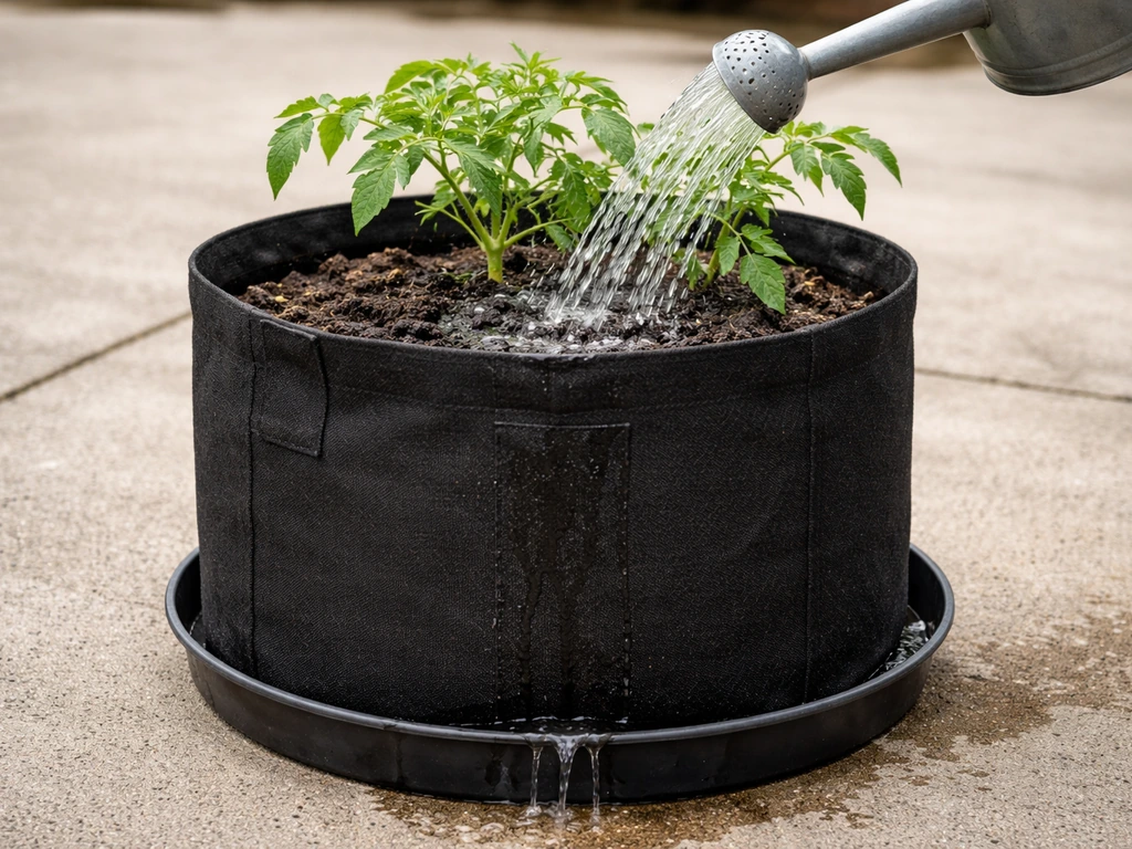 Watering a grow bag with a watering can until water runs out the bottom into a catch tray.