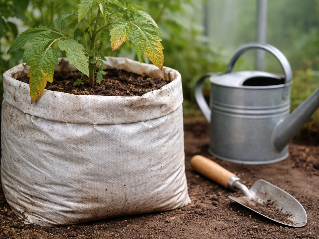 Close-up of a grow bag with yellowing leaves and brown leaf tips beside simple watering tools.