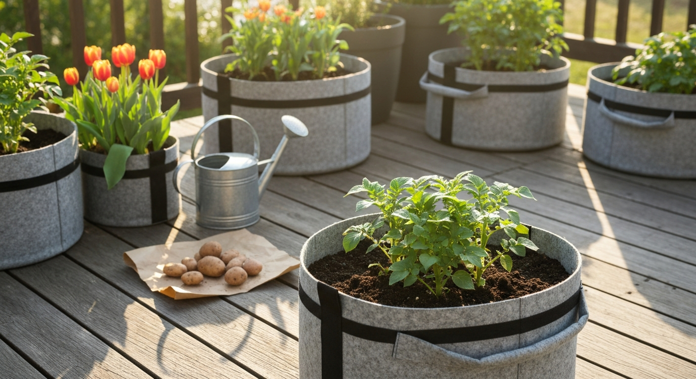 Sunny patio with fabric grow bags: one with potato foliage and rolled-down cuff, another with tulips in bloom, watering can and seed potatoes nearby.
