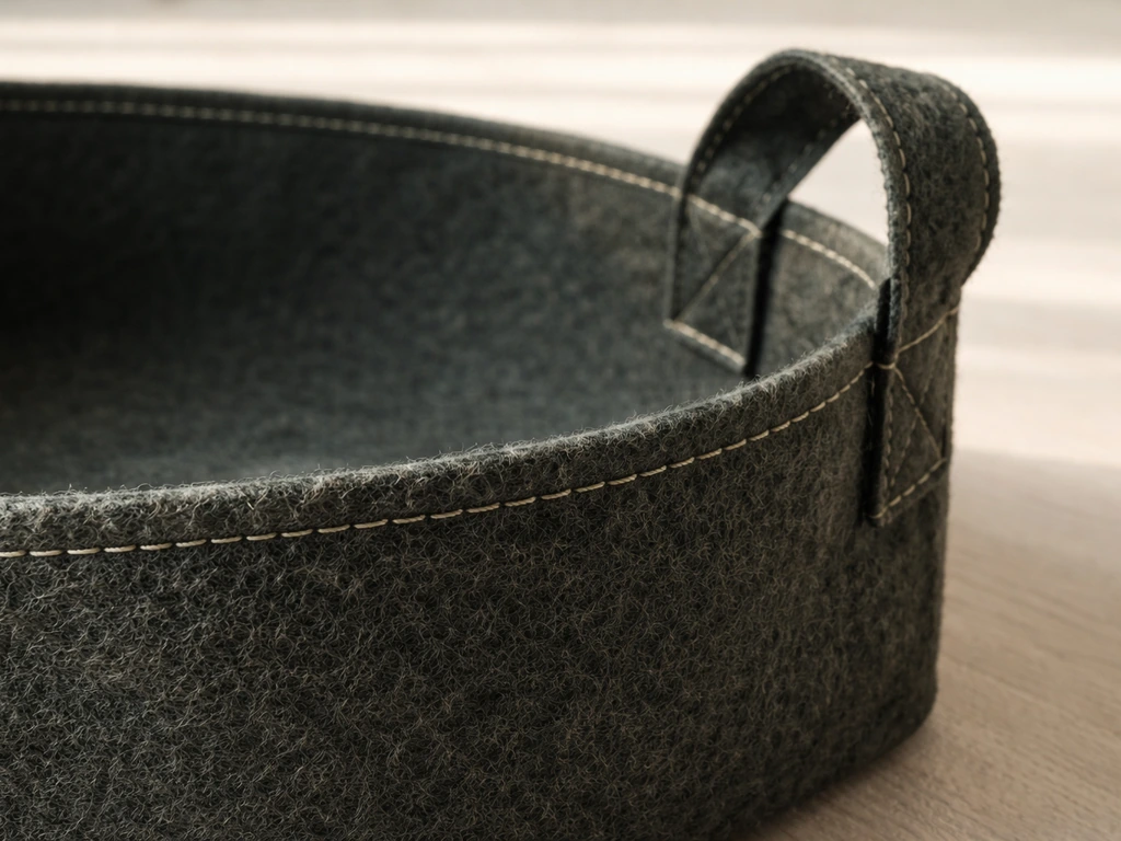 Close-up of thick nonwoven grow bag fabric with visible stitched rim and seam detail.