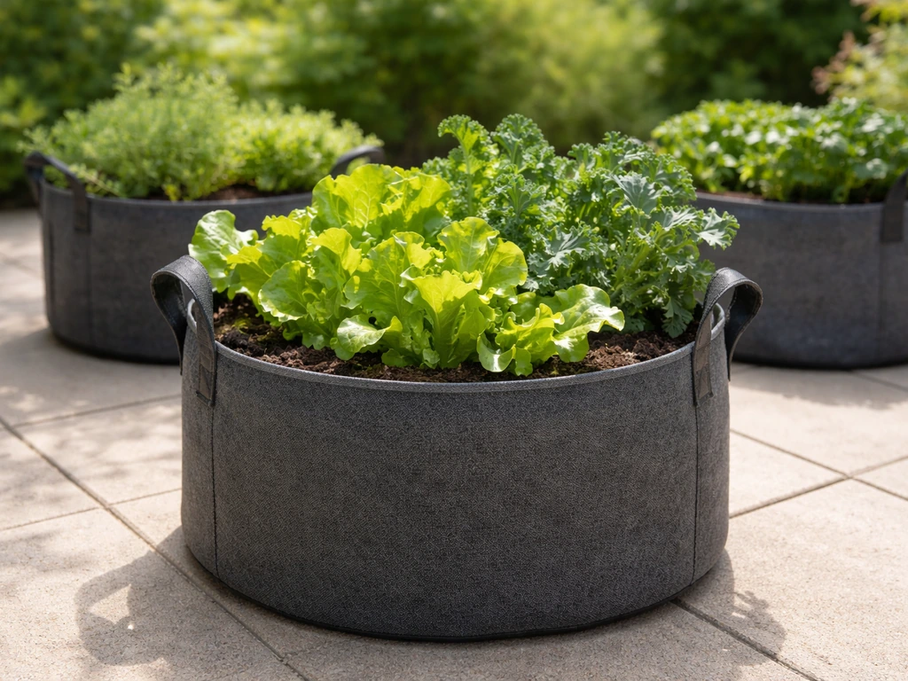 Leafy greens and herbs thriving in breathable fabric grow bags on a small patio.