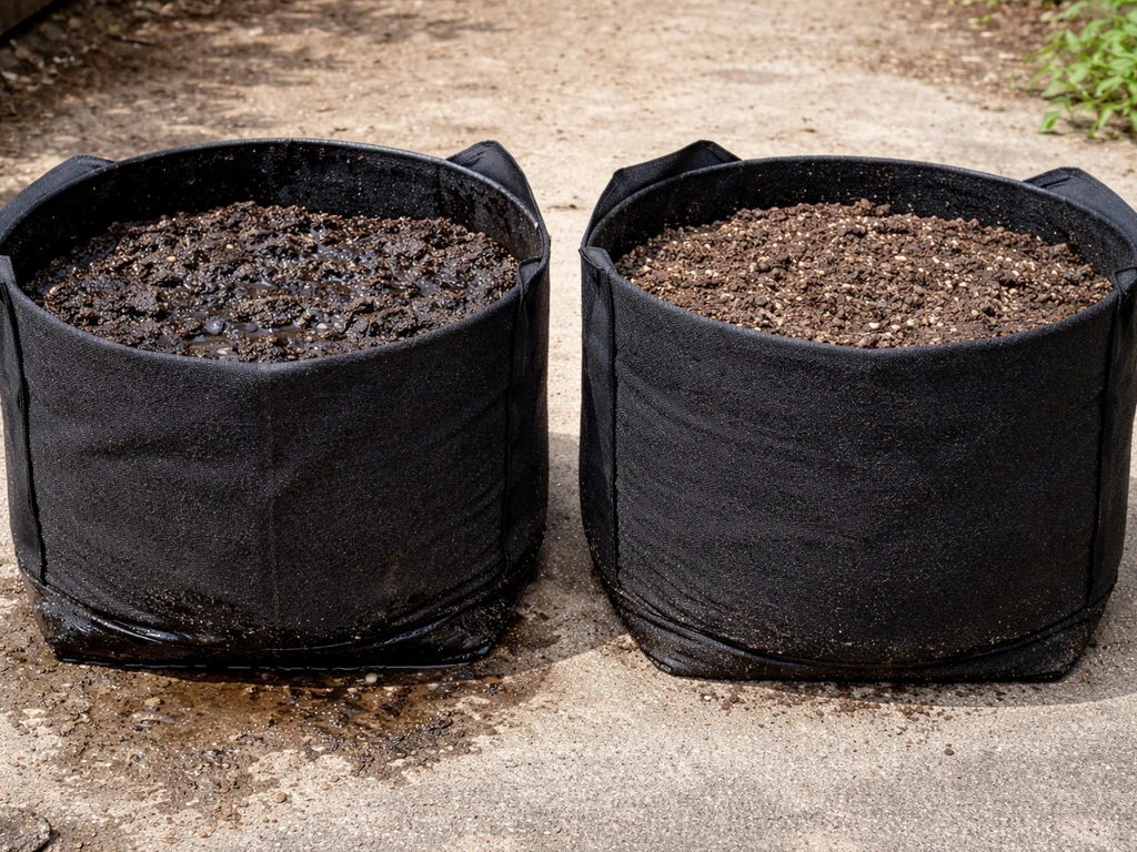 Side-by-side grow bags: overwatered with pooled water and collapsed soil vs well-drained crumbly soil.